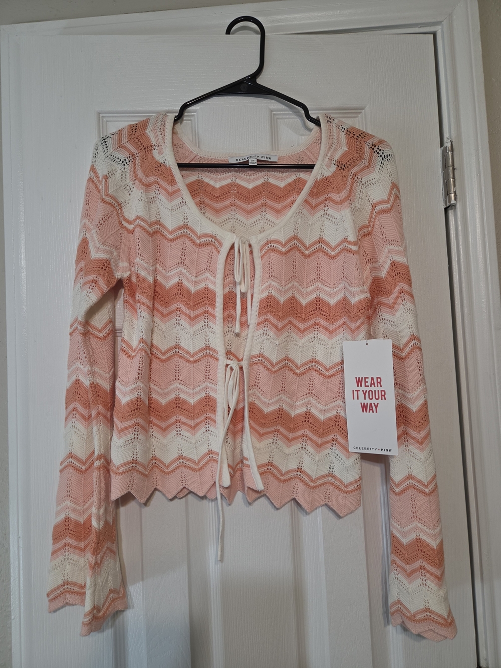 Celebrity Pink Coral and Cream Chevron Tie-Front Cardigan